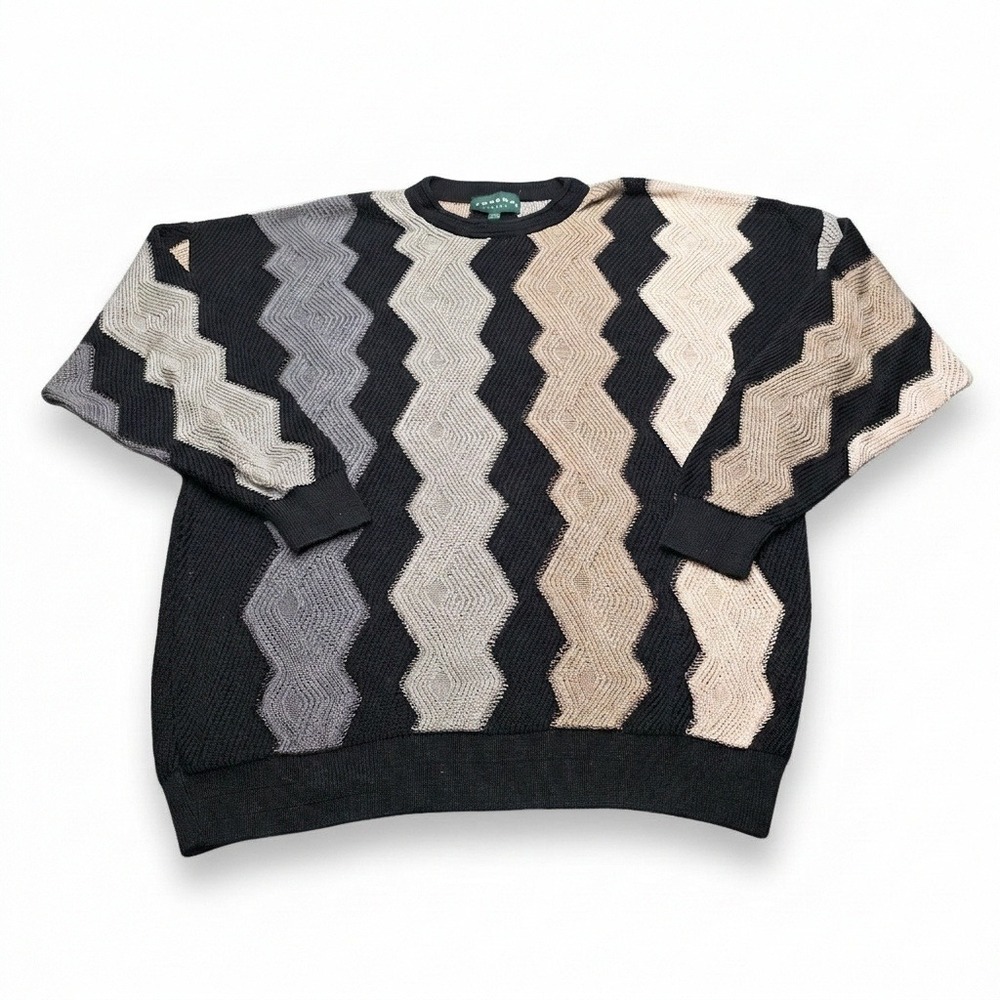 VTG Tundra Canada 3D‎ Knit Sweater Men XXL Mercerized Cotton Coogi Style Zig Zag